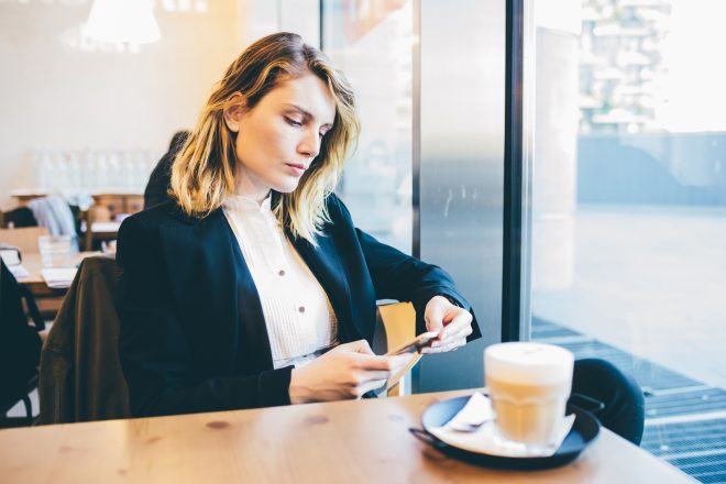 young contemporary businesswoman working bar